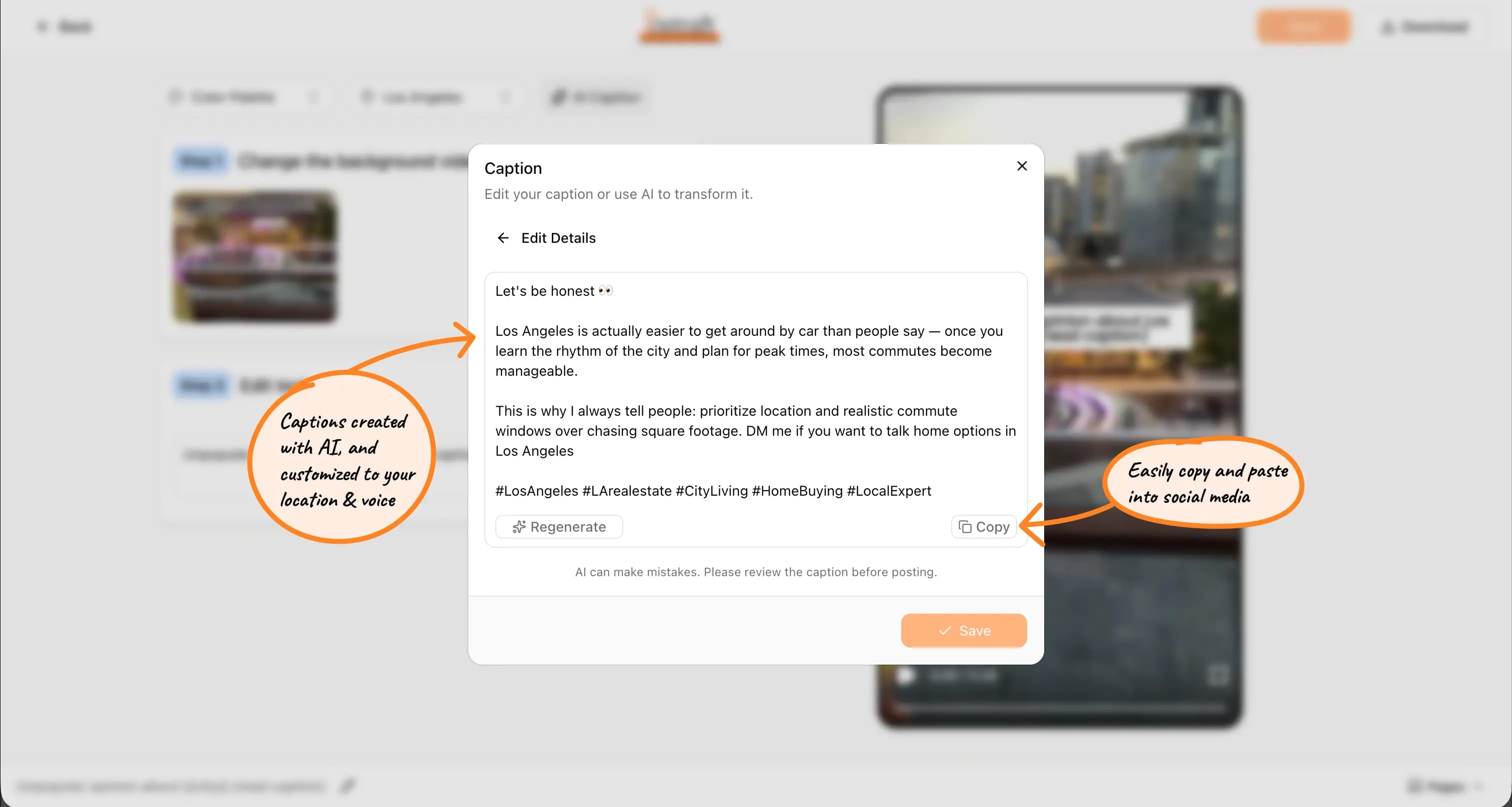 AI caption editor - captions created in your voice, ready to copy and paste.